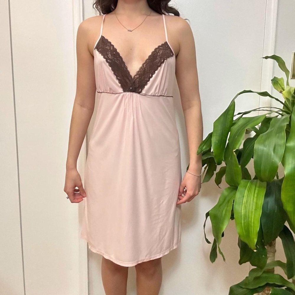 California Dynasty Vintage 90s pink n brown lace slip dress Size Medium - Picture 6 of 8
